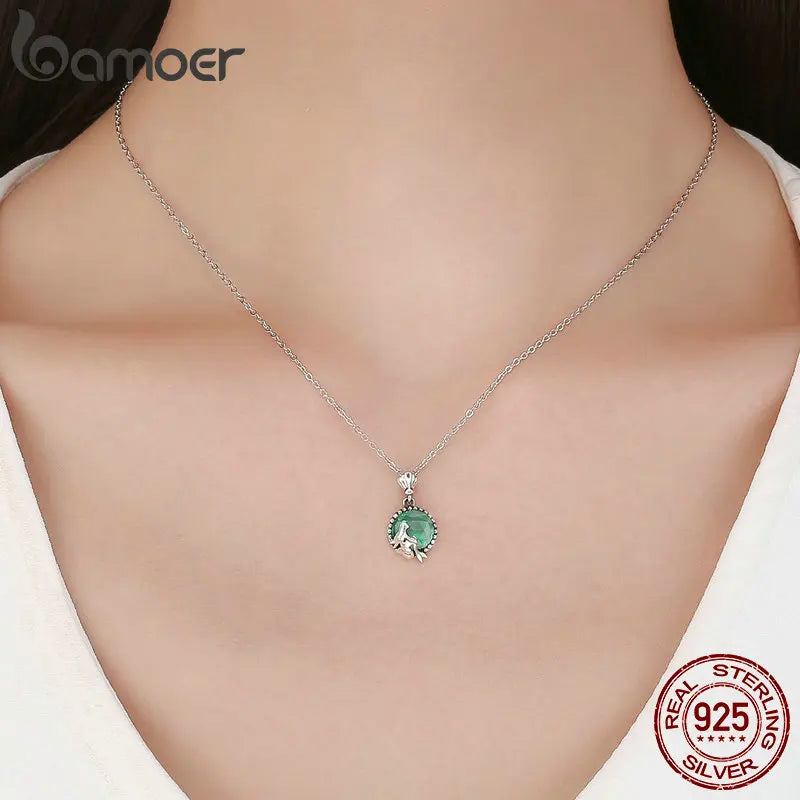 BAMOER Genuine 925 Sterling Silver Romantic Fairy Story Light Green CZ Pendant Necklaces Women Sterling Silver Jewelry SCN262