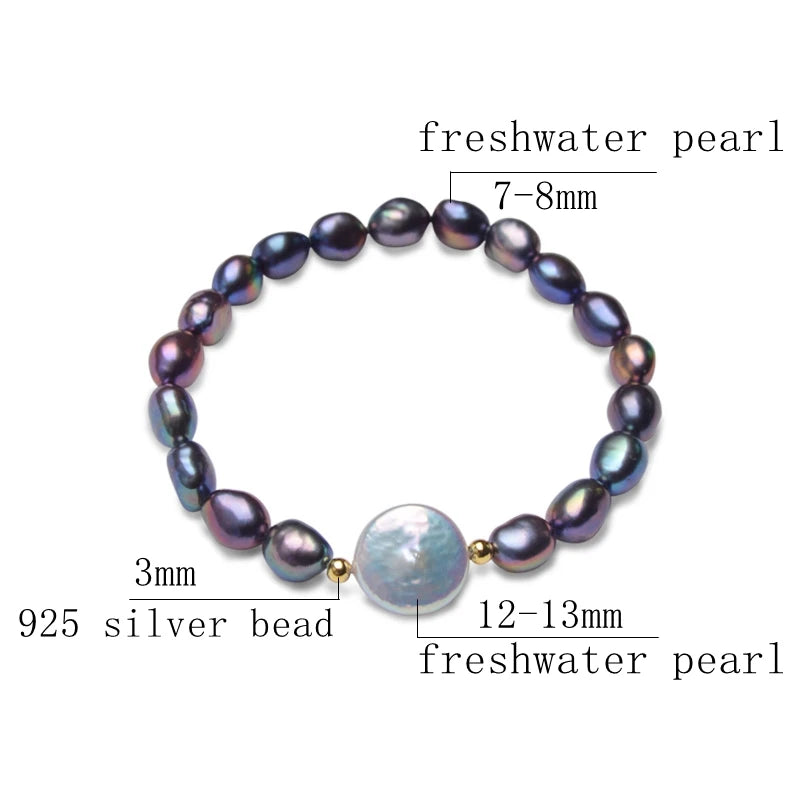 ASHIQI Big 12-13mm Button Freshwater Pearl Bracelets Natural Black Baroque Pearl for women with 925 Sterling Silver Bead