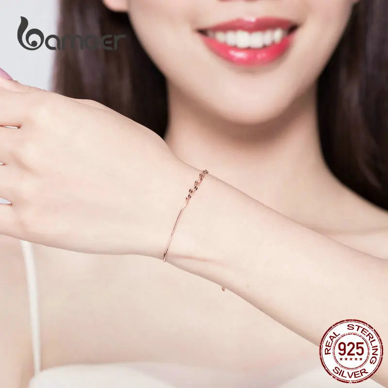 bamoer Basic Rose Gold Color Silver Bracelet Cable Box Chain Lobster Lock Bracelets Sterling Silver Jewelry Match Joker SCB149