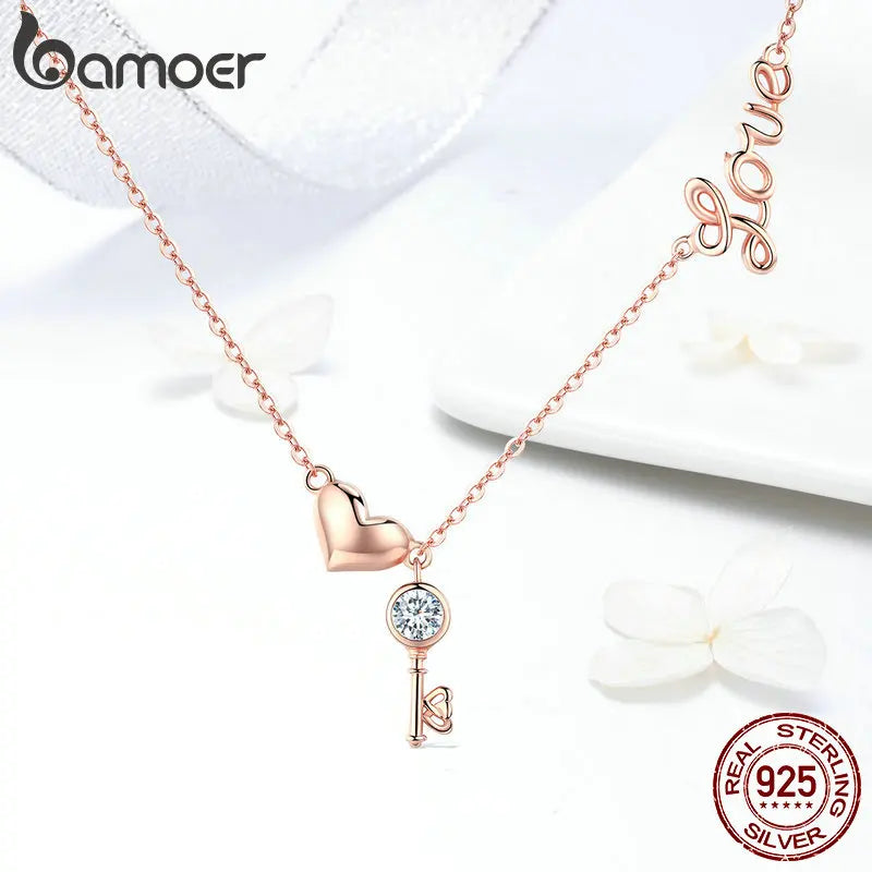 BAMOER Romantic 925 Sterling Silver Key Lock to Heart Pendant Necklaces Women Gold Color Necklace Sterling Silver Jewelry SCN292