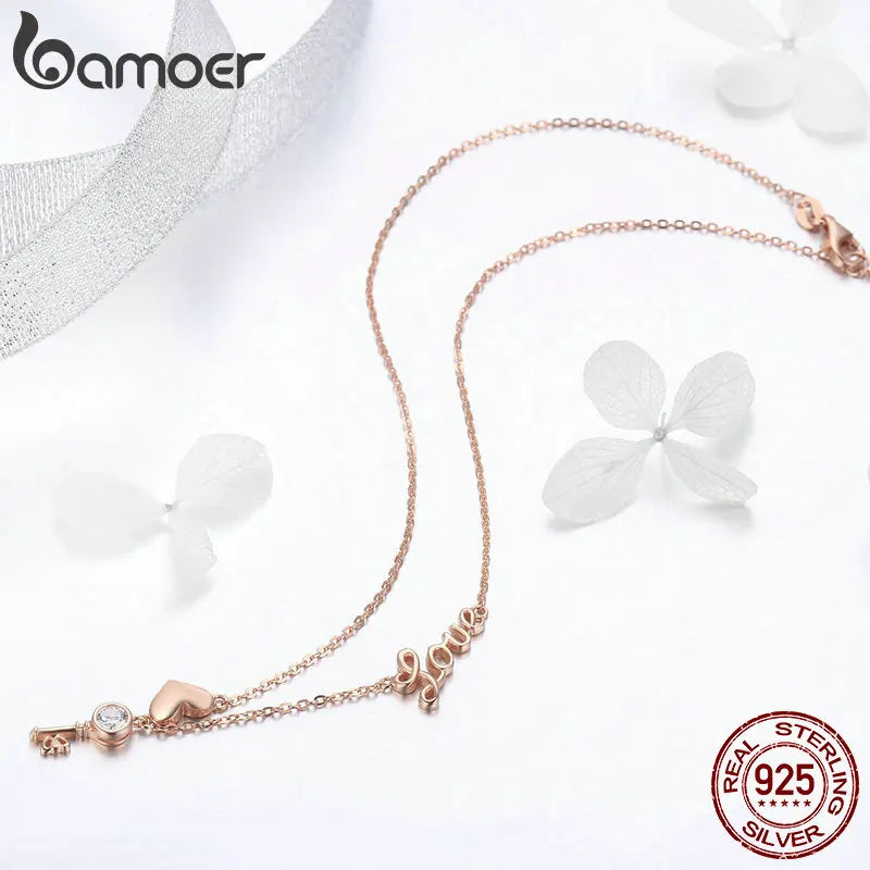 BAMOER Romantic 925 Sterling Silver Key Lock to Heart Pendant Necklaces Women Gold Color Necklace Sterling Silver Jewelry SCN292