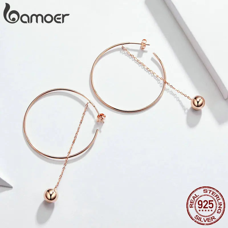 BAMOER Popular 100% 925 Sterling Silver Big Circle Round Long Chain Drop Earrings for Women Rock Style Earrings Jewelry SCE569