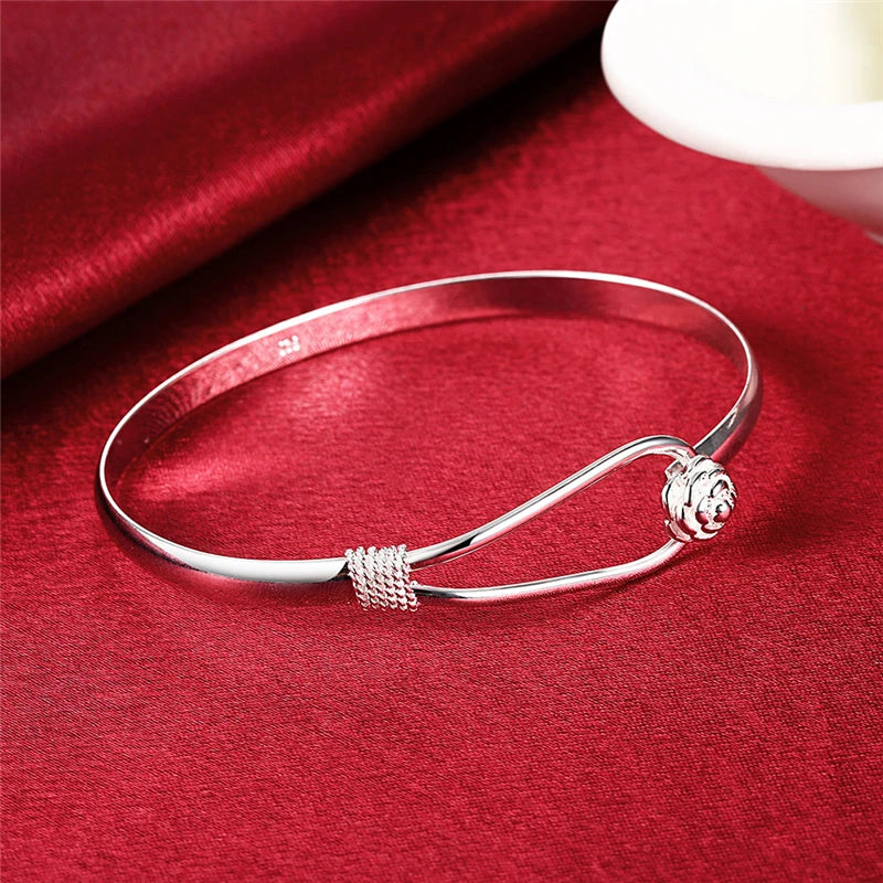 DOTEFFIL 925 Sterling Silver Rose Flower Bangle Bracelet For Women Wedding Engagement Fashion Charm Party Jewelry