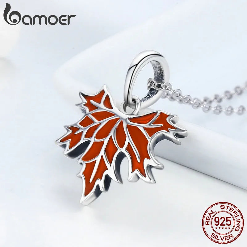 BAMOER 100% 925 Sterling Silver Autumn Maple Tree Leaves Pendant Necklace for Women Luxury Sterling Silver Jewelry Gift CC585