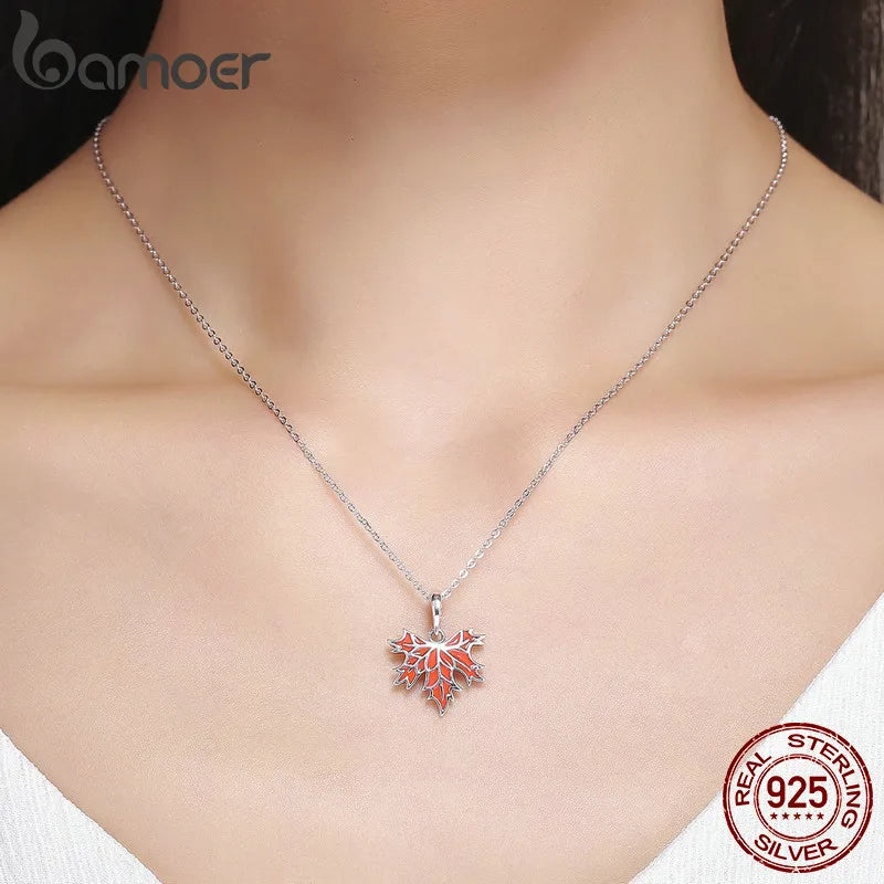 BAMOER 100% 925 Sterling Silver Autumn Maple Tree Leaves Pendant Necklace for Women Luxury Sterling Silver Jewelry Gift CC585