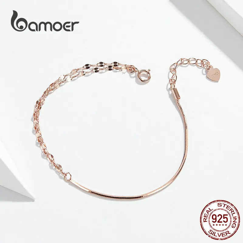 bamoer Basic Rose Gold Color Silver Bracelet Cable Box Chain Lobster Lock Bracelets Sterling Silver Jewelry Match Joker SCB149