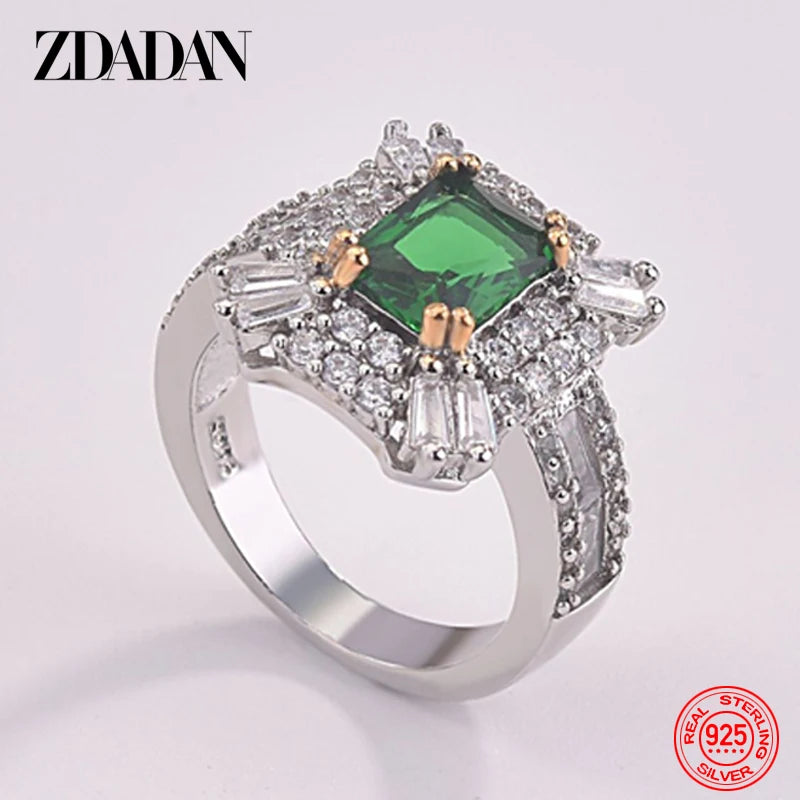 ZDADAN 925 Sterling Silver Emerald Zircon Ring For Women Charm Wedding Jewelry Party Gift