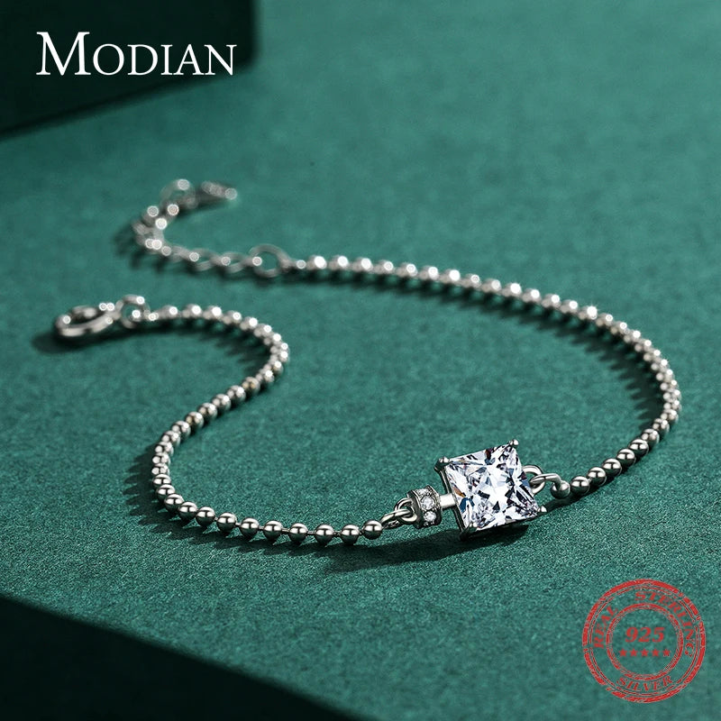 Modian Classic Square Clear CZ Bracelets Solid 925 Sterling Silver Charm Beads Chain Bracelet For Women Wedding Fine Jewelry