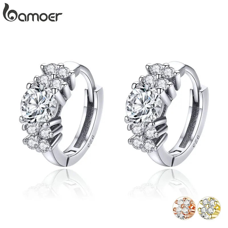 BAMOER 925 Sterling Silver Crystal Round Circle Clear Cubic Zircon Hoop Earrings for Women Sterling Silver Jewelry SCE485