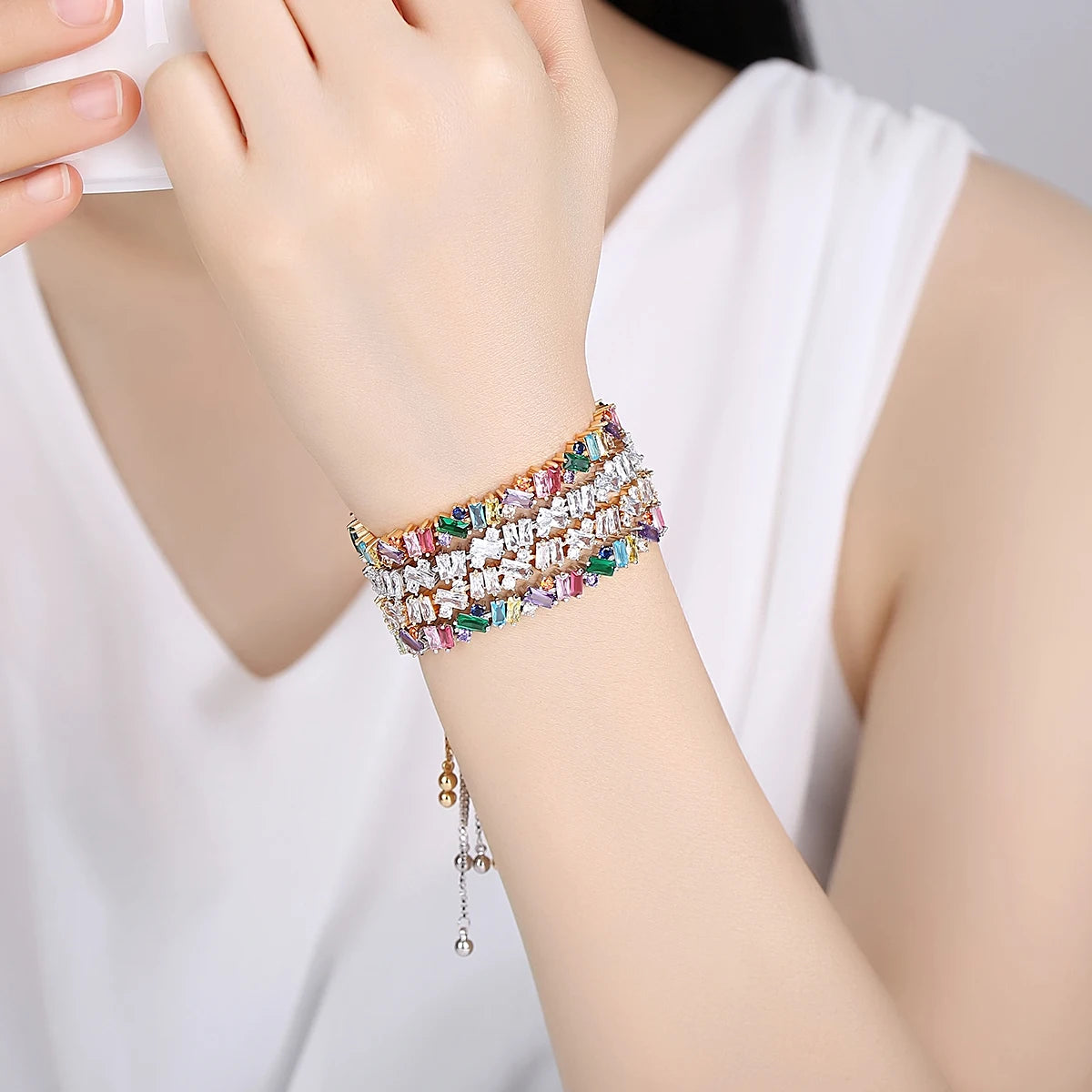 LUOTEEMI Adjustable Bracelet Bangle for Women Fashion Jewelry Multicolor CZ Tennis Korean Fashion Jewelry Friend Christmas Gifts