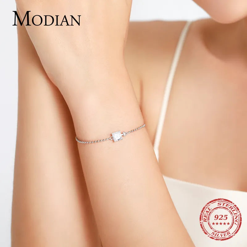 Modian Classic Square Clear CZ Bracelets Solid 925 Sterling Silver Charm Beads Chain Bracelet For Women Wedding Fine Jewelry