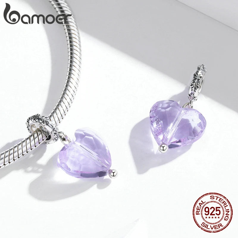 bamoer Silver Simple Purple Heart Charm Crystal Fairy Tale Love 925 Sterling Silver Charm Pendant for Bracelet Jewelry SCC1816