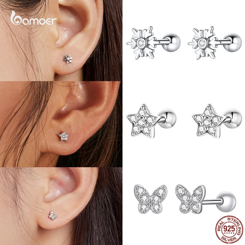 Bamoer Real 925 Sterling Silver Butterfly Animal Flower Ear Studs for Women Exquisite Party Earrings for Girl Original Design