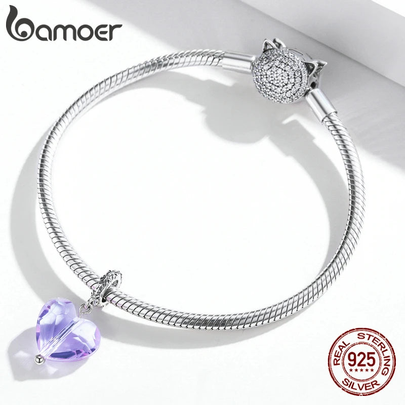 bamoer Silver Simple Purple Heart Charm Crystal Fairy Tale Love 925 Sterling Silver Charm Pendant for Bracelet Jewelry SCC1816