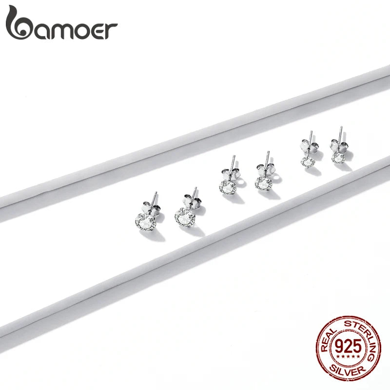 bamoer 3 Pairs Stud Earrings Set 925 Sterling Silver Stone CZ Minimalist Dazzling Fashion Earrings 4mm 5mm 6mm Diameter BSE166