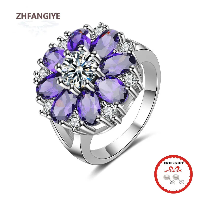 Trendy Rings 925 Silver Jewelry Ornaments Flower Shape Amethyst Zircon Gemstones Finger Ring Accessories for Women Wedding Party