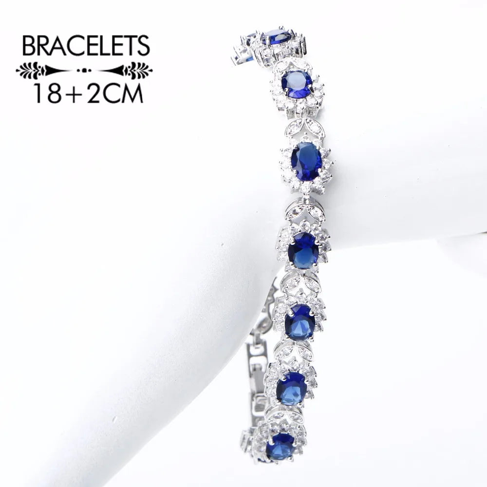 Bridal Jewelry Set For Women 925 Sterling Silver Jewelry Wedding Bracelet Earrings Ring Blue CZ Stones Necklace Set Gifts Box