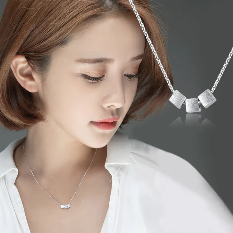 925 sterling silver three small box necklace pendant clavicle chain female design simple short paragraph wild Korean students