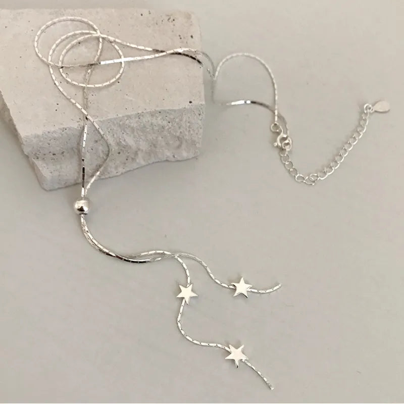 New S925 Sterling Silver Simple Pull-out Choker Women Necklace Glossy stars Pendants Chain For Girl Wedding Gift Fine Jewelry