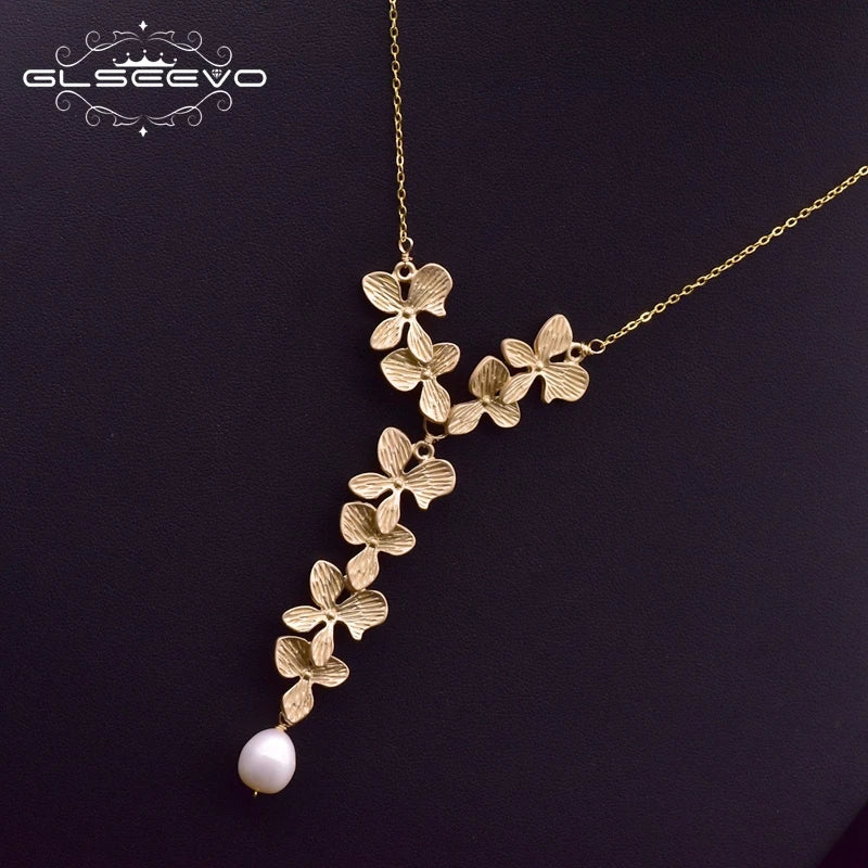 GLSEEVO 925 Sterling Silver Leaf Necklace Natural Fresh Water Pearl Pendant Necklace For Women Wedding Fine Jewelry GN0110