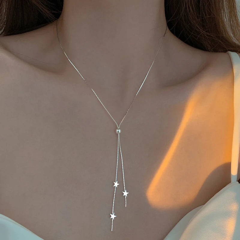 New S925 Sterling Silver Simple Pull-out Choker Women Necklace Glossy stars Pendants Chain For Girl Wedding Gift Fine Jewelry