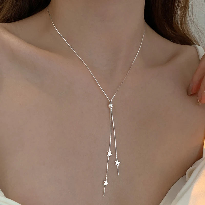 New S925 Sterling Silver Simple Pull-out Choker Women Necklace Glossy stars Pendants Chain For Girl Wedding Gift Fine Jewelry