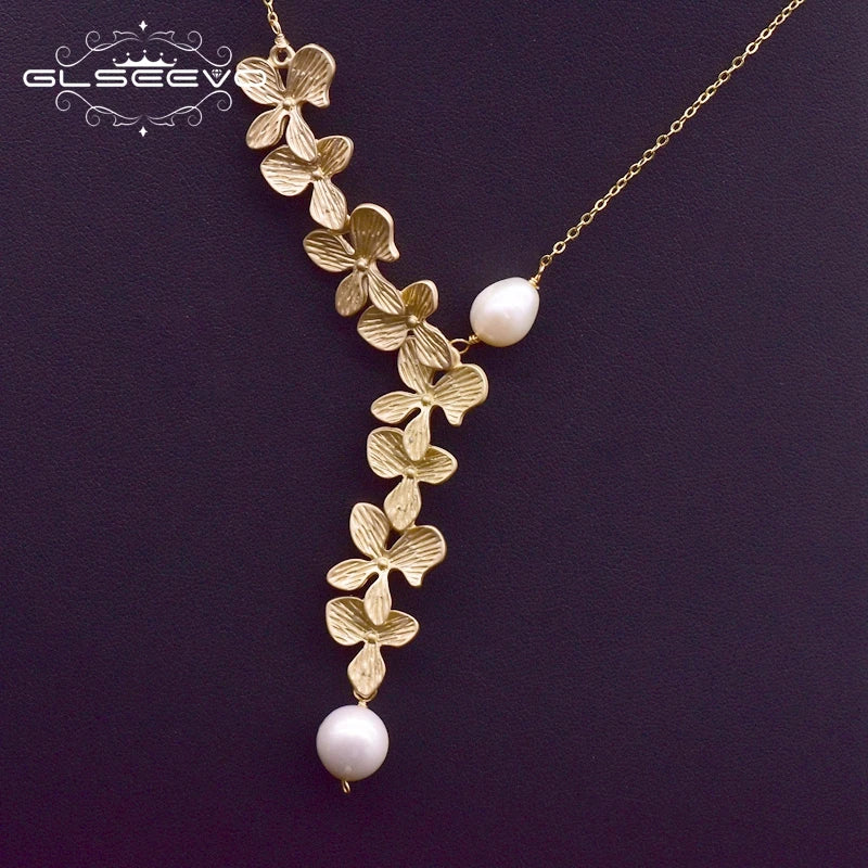 GLSEEVO 925 Sterling Silver Leaf Necklace Natural Fresh Water Pearl Pendant Necklace For Women Wedding Fine Jewelry GN0110