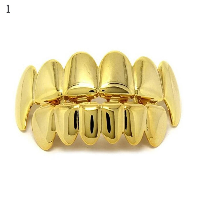 Hip Hop Teeth Grillz Set For Unisex Top Bottom Mouth Gold Silver Color Tooth Grills Punk Vampire Fangs Teeth Cap Cosplay Jewelry