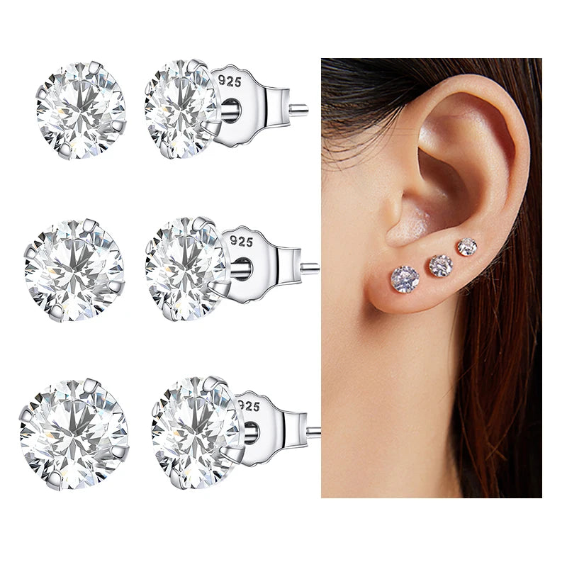 bamoer 3 Pairs Stud Earrings Set 925 Sterling Silver Stone CZ Minimalist Dazzling Fashion Earrings 4mm 5mm 6mm Diameter BSE166