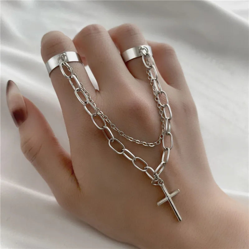 Punk Geometric Silver Color Chain Wrist Bracelet For Women Men Ring Charm Set Couple Emo Fashion Jewelry Gifts Pulsera Mujer