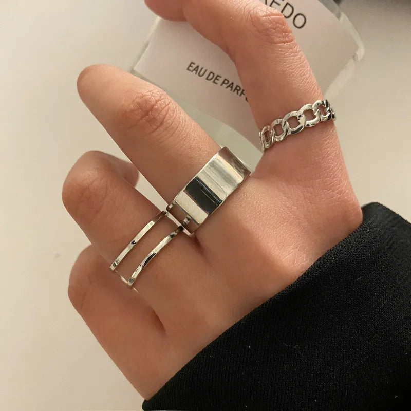 Punk Geometric Silver Color Chain Wrist Bracelet For Women Men Ring Charm Set Couple Emo Fashion Jewelry Gifts Pulsera Mujer