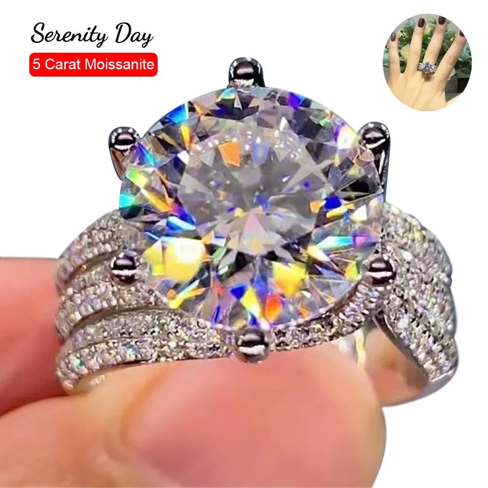 Serenity Day Six Claw D Color 5 Carat Big Moissanite Wedding Ring S925 Silver Plated Pt950 Band Temperament Jewelry Wholesale