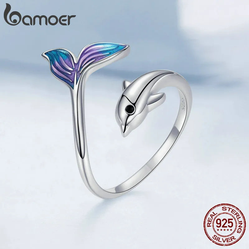 Bamoer Authentic 925 Sterling Silver Dolphin Ring for Women Fine Jewelry Colored Cute Tail Ring Kids Beach Party Gift BSR270