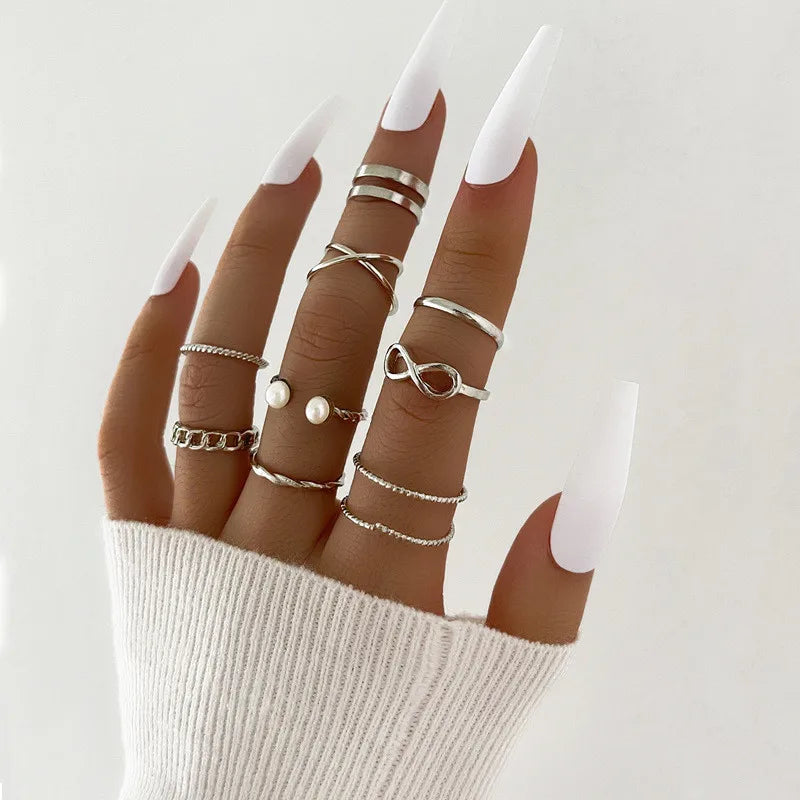 Punk Geometric Silver Color Chain Wrist Bracelet For Women Men Ring Charm Set Couple Emo Fashion Jewelry Gifts Pulsera Mujer