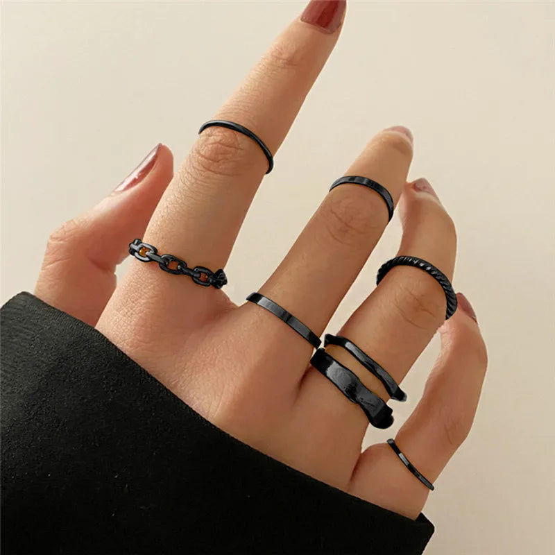 Punk Geometric Silver Color Chain Wrist Bracelet For Women Men Ring Charm Set Couple Emo Fashion Jewelry Gifts Pulsera Mujer