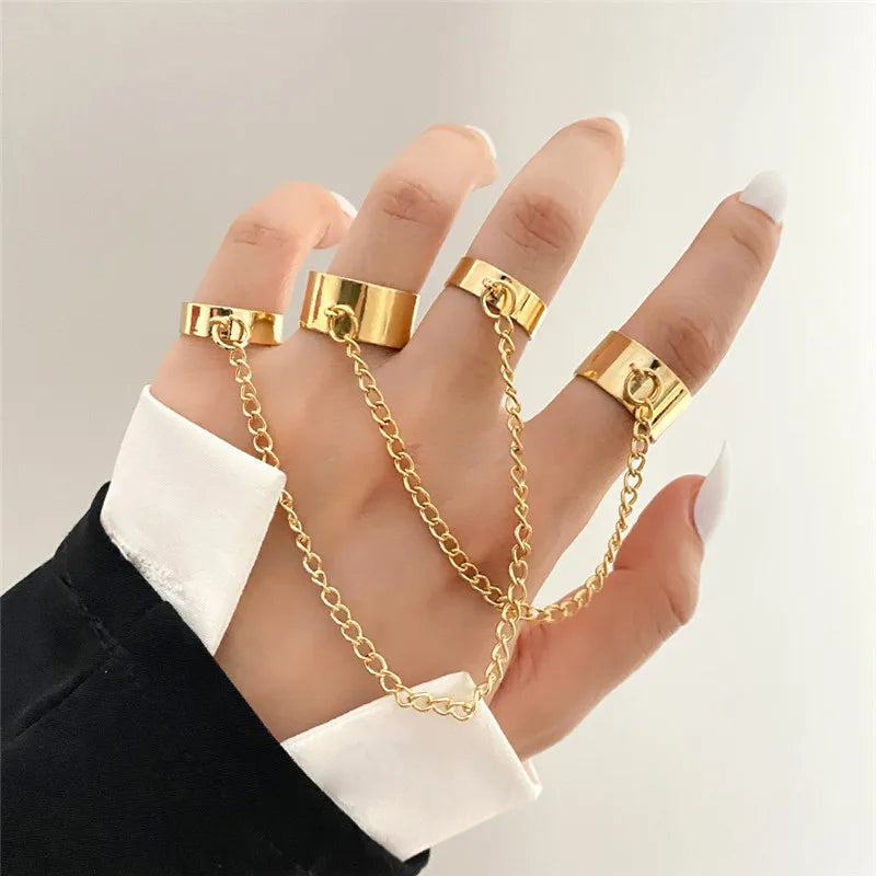 Punk Geometric Silver Color Chain Wrist Bracelet For Women Men Ring Charm Set Couple Emo Fashion Jewelry Gifts Pulsera Mujer