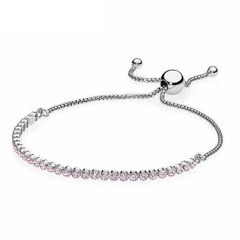 Authentic 925 Sterling Silver Clear & Pink Classic Tennis Sparkling Strand Adjust Bracelet Bangle Fit Bead Charm Fashion Jewelry