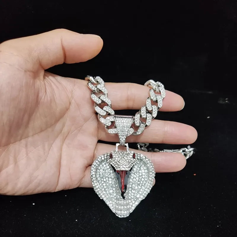 Men Women Hip hop Snake Shape Pendant Necklace with 13mm Crystal Cuban Chain Hiphop originality Necklaces fashion Charm jewelry