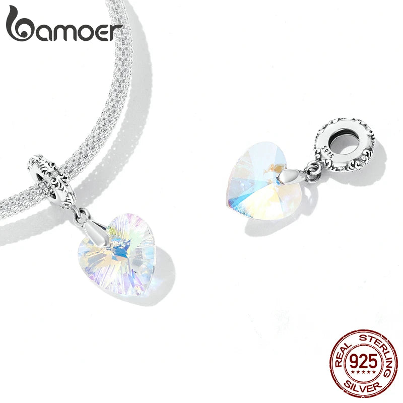 bamoer Silver Simple Purple Heart Charm Crystal Fairy Tale Love 925 Sterling Silver Charm Pendant for Bracelet Jewelry SCC1816