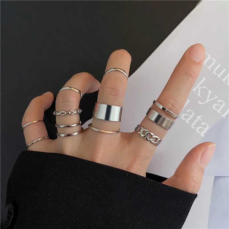 Punk Geometric Silver Color Chain Wrist Bracelet For Women Men Ring Charm Set Couple Emo Fashion Jewelry Gifts Pulsera Mujer