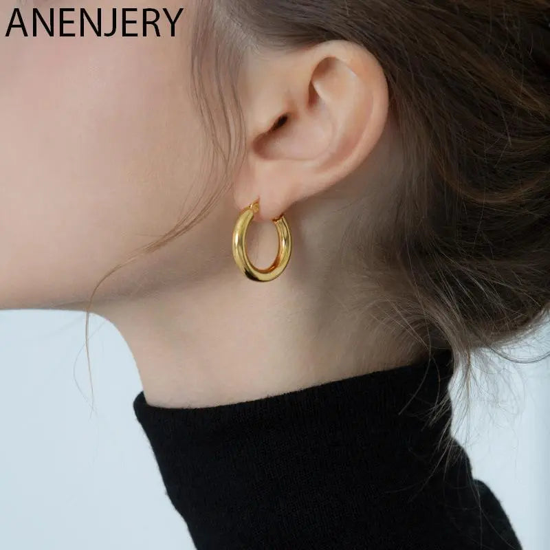 ANENJERY Silver Color Smooth Hoop Earrings for Women Men Punk Geometric Hoop Earrings Fine Jewelry Wholesale