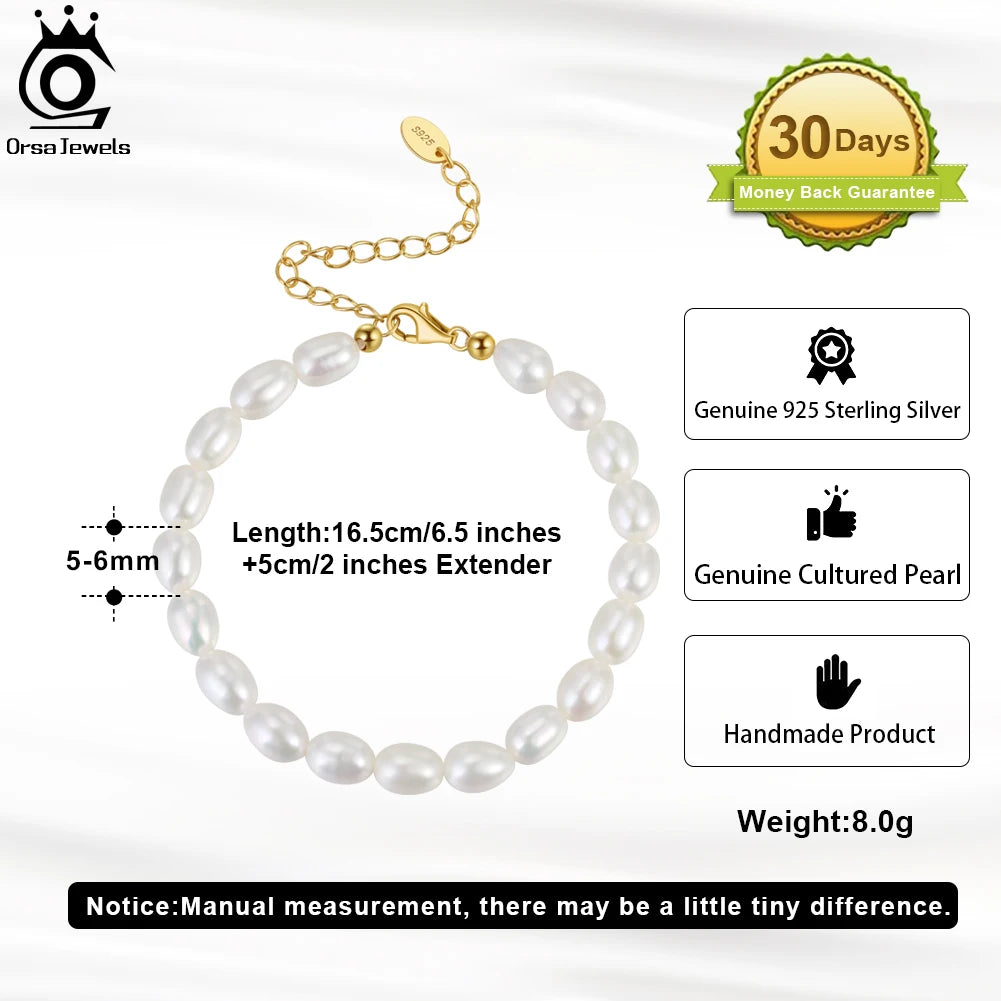 ORSA JEWELS Natural Pearl Bracelets for Women 14K Gold 925 Sterling Silver Bracelets Bridal Party Prom Pearls Jewelry GPB11