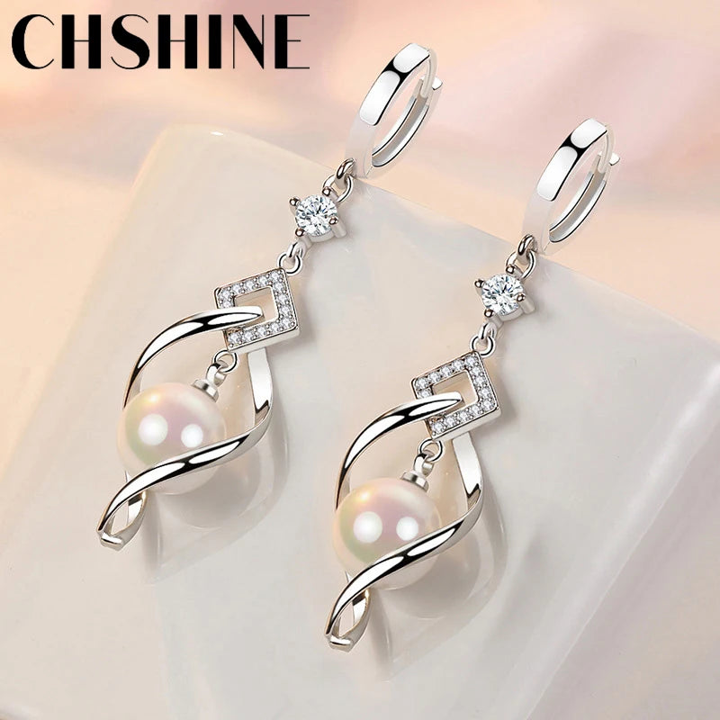 CHSHINE 925 Sterling Silver Natural Pearl Rotate Earrings for Women's Wedding Gift Fashion Jewelry