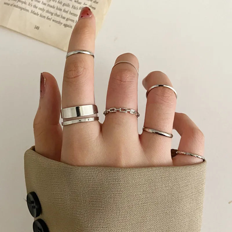 Punk Geometric Silver Color Chain Wrist Bracelet For Women Men Ring Charm Set Couple Emo Fashion Jewelry Gifts Pulsera Mujer