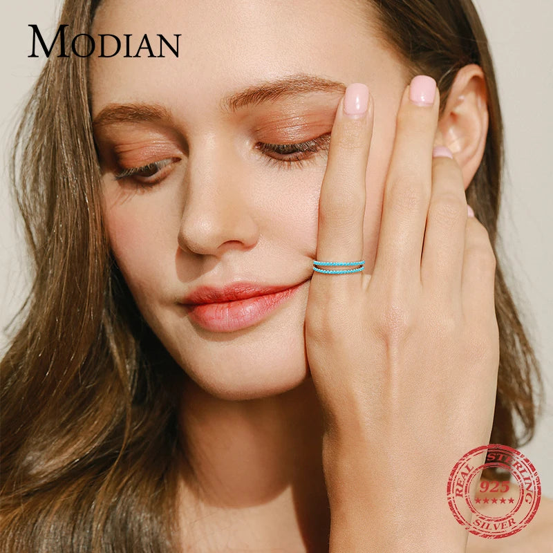 Modian 100% 925 Sterling Silver Classic Exquisite Circle Turquoise Charm Stackable Finger Ring For Women Trendy Fine Jewelry