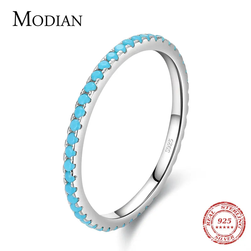 Modian 100% 925 Sterling Silver Classic Exquisite Circle Turquoise Charm Stackable Finger Ring For Women Trendy Fine Jewelry