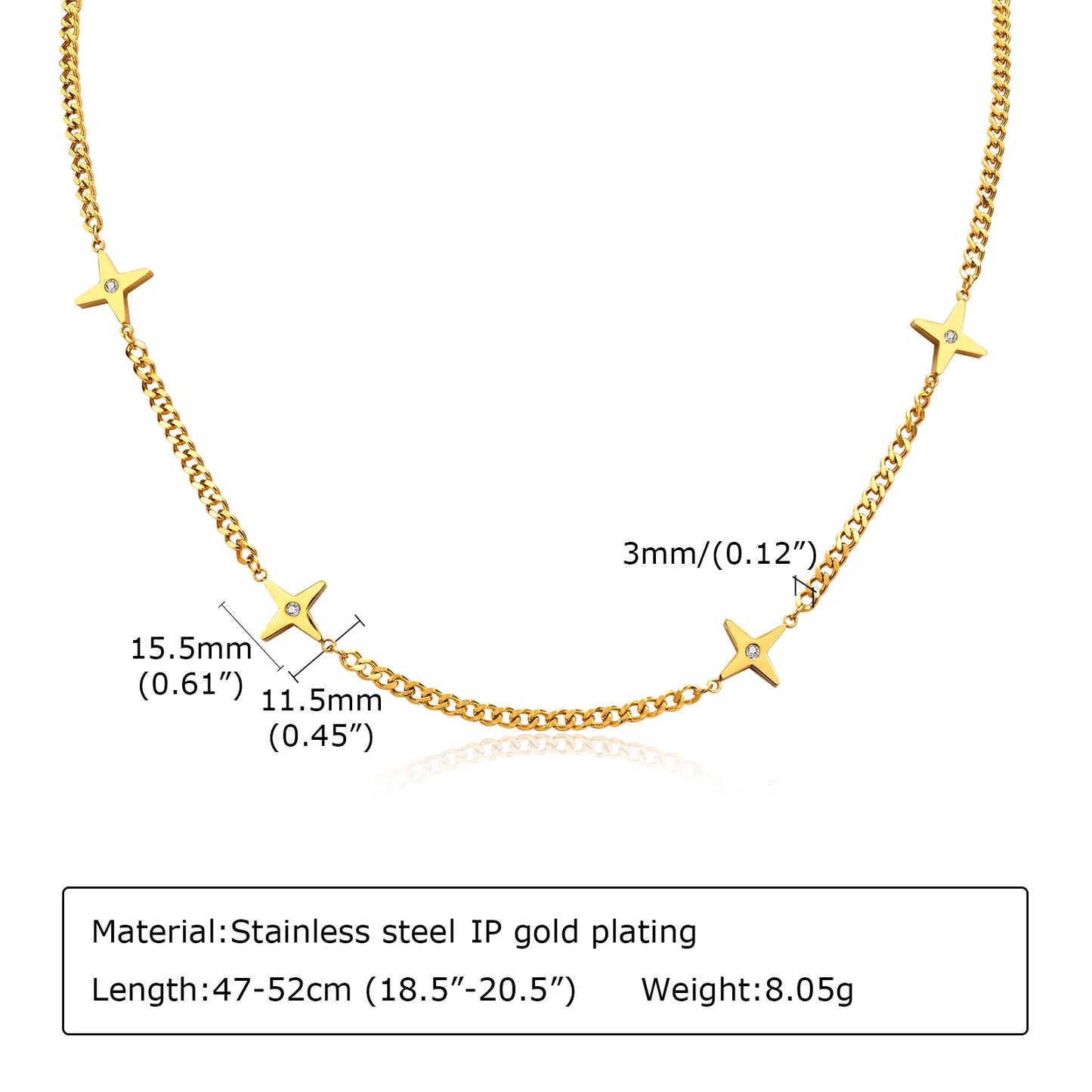 CZ Four-point Star Chain Necklace, Stainless Steel Gold Plated Charm Necklace Women, Minimal Boho Jewelry