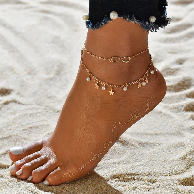 Bohemia Gold Silver Color Chain Ankle Bracelet On Leg Foot Jewelry Boho Pineapple Star Charm Anklet Set For Women Accessories