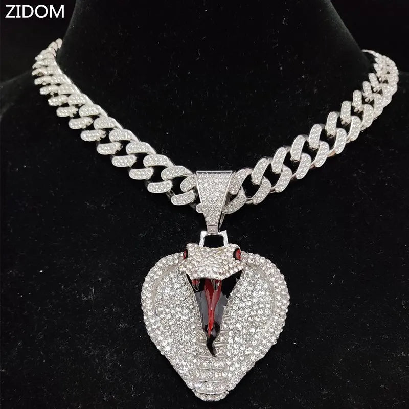 Men Women Hip hop Snake Shape Pendant Necklace with 13mm Crystal Cuban Chain Hiphop originality Necklaces fashion Charm jewelry