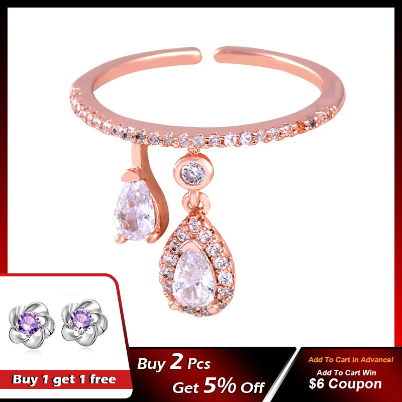 KIOOZOL shiny teardrop crystal pendant women's ring rose gold silver color rings кольца fashion jewelry KO5